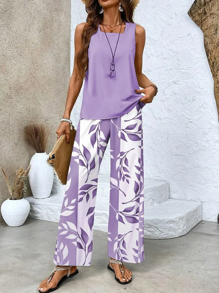 Female Solid Color 2-piece Sleeveless Vest + Printed Wide-leg Pants Set Casual Loose Holiday And Beach Daily Two-pieces Outfit